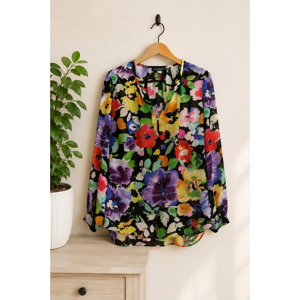 Lauren Ralph Lauren Albinka Dark Floral Sheer Blouse Botanical Boho Sz S Bold